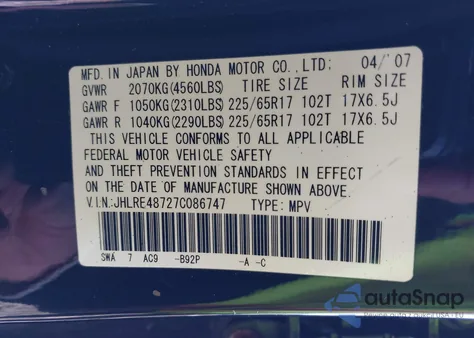 2007 Honda Cr-V Ex-L from USA, damaged, VIN JHLRE48727C086747